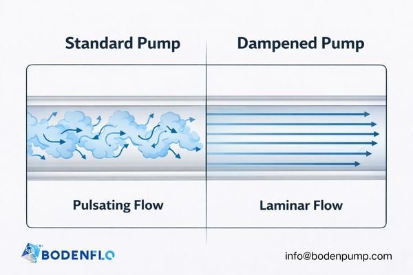 A side-by-side comparison showing turbulent, pulsating flow on one side and smooth, laminar flow from a dampened pneumatic pump on the other.