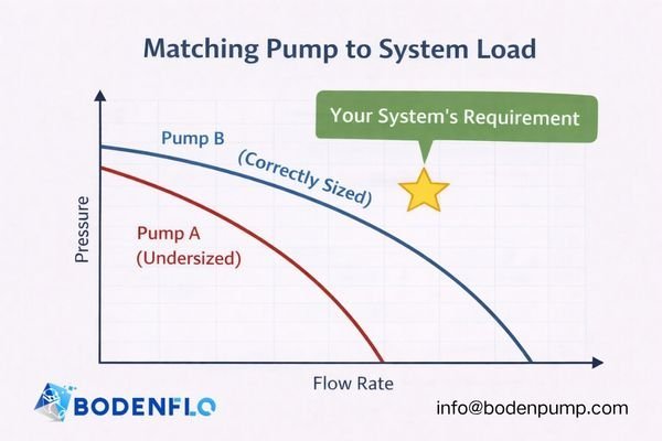 A performance curve graph showing a pump correctly matched to the system's operating point