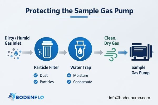 A diagram showing a protective system: a filter catching dust and a water trap catching moisture before gas enters the sample gas pump.