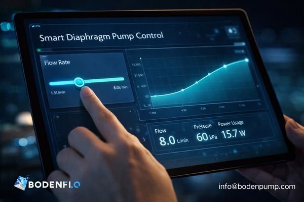 A futuristic dashboard showing a pump's flow rate being adjusted in real-time via a digital interface, labeled 'Smart Diaphragm Pump Control'.