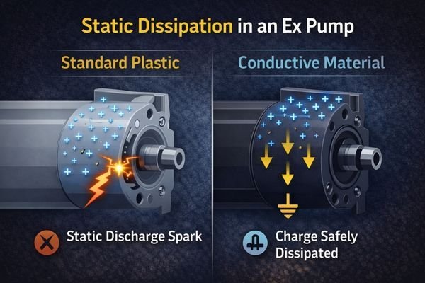 A diagram showing static charge building up on a standard plastic pump head, contrasted with a conductive pump head that dissipates the charge to ground.