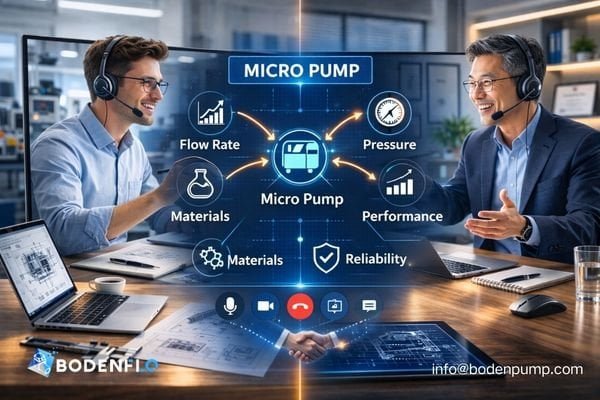 An engineer on a video call with a pump manufacturer, both looking at schematics and smiling, indicating a successful collaboration.