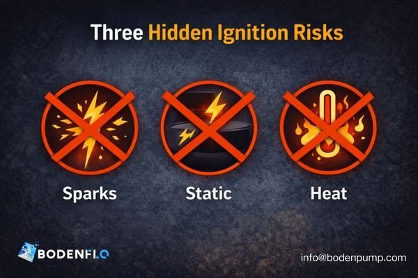 A diagram showing the three main ignition risks inside a pump: electrical sparks, static buildup, and heat, with 'X' marks over them.