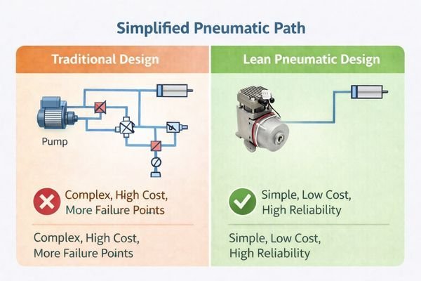 A side-by-side comparison of pneumatic diagrams: a complex traditional circuit with many components vs. a simple, direct pump-to-device connection.