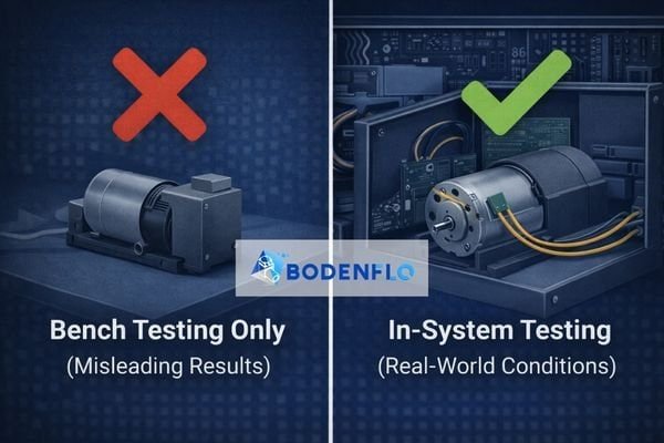 An icon showing a checkmark for system testing vs. an X for bench testing alone