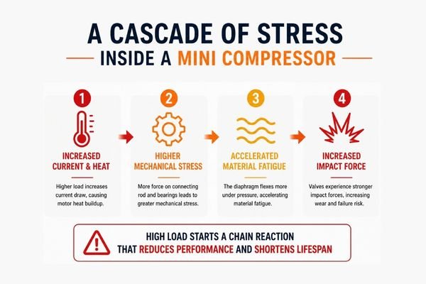 A cutaway view of a compressor with stress indicators on the motor, diaphragm, bearings, and valves.