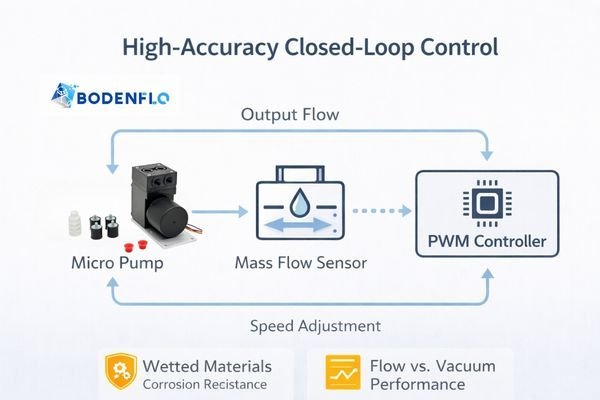 A schematic showing a closed-loop control system: a pump connected to a flow sensor, which feeds back to a PWM controller that adjusts pump speed.