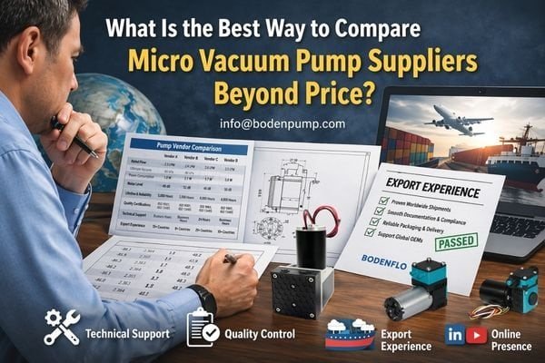 Procurement manager comparing micro vacuum pump suppliers beyond price using technical documents, export checklist, and quality evaluation materials