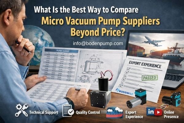 Procurement manager comparing micro vacuum pump suppliers beyond price using technical documents, export checklist, and quality evaluation materials