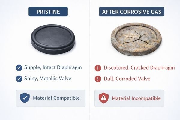 A close-up image showing a corroded valve and a cracked diaphragm next to a new, pristine set of components.