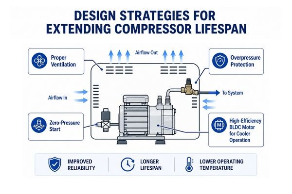 A diagram comparing a compressor on a clean lab bench to one enclosed in a tight, hot device case.