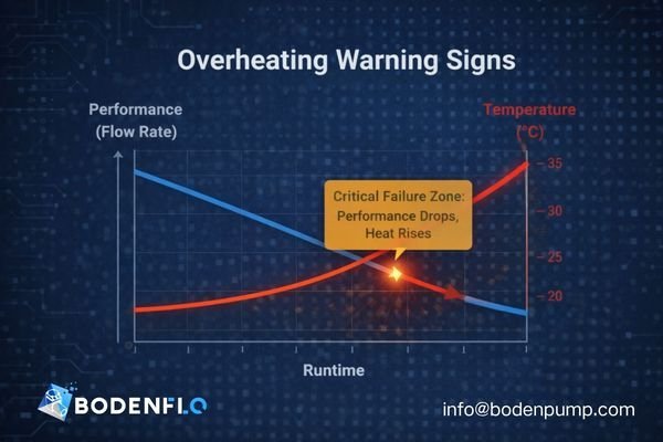 A graph showing pump flow rate decreasing as temperature and runtime increase