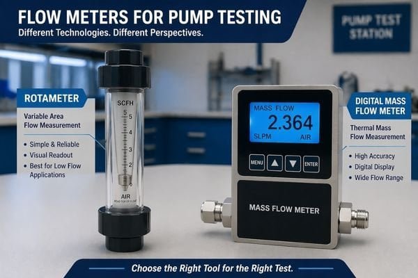 A photo showing two different flow meters side-by-side, one a rotameter and one a digital mass flow meter, with a pump in the background
