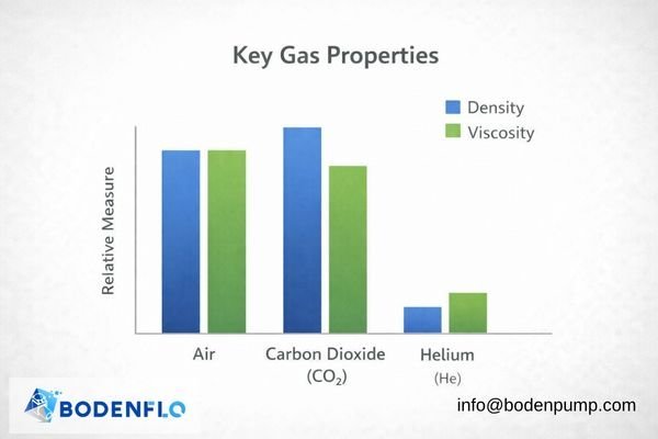 A simple chart comparing the relative density and viscosity of Air, CO2, and Helium.