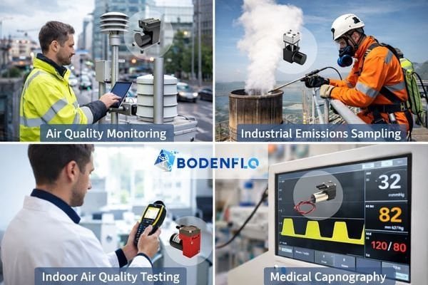 A collage of four images: an air quality sensor on a city street, a scientist using a handheld VOC detector, a technician on an industrial smokestack, a medical capnography monitor.