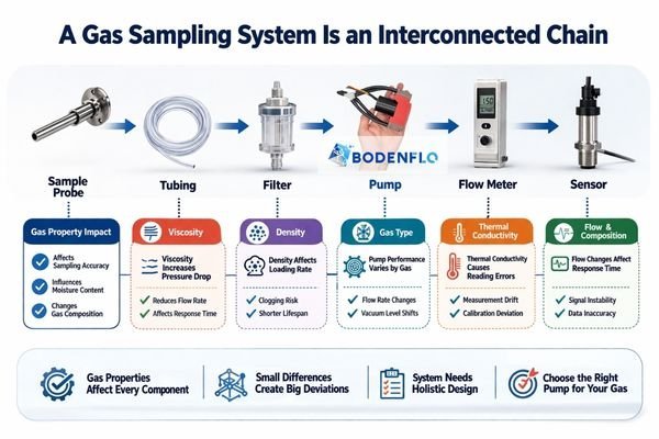 A diagram of a full gas sampling system: probe, tubing, filter, pump, flow meter, sensor. Arrows point out how gas properties affect each component.