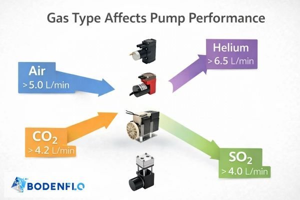 An infographic showing a single vacuum pump with multiple arrows pointing to it, each labeled with a different gas (Air, CO2, He, SO2) and showing a different flow rate.