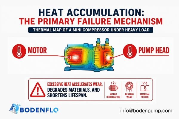 A thermal camera image of a running mini compressor, showing hot spots on the motor and pump head.