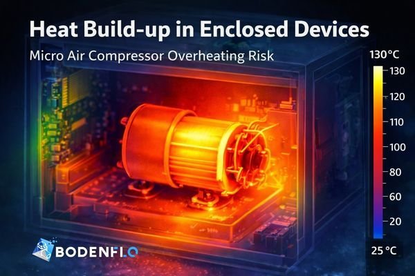 An image showing a thermal camera view of a micro air compressor glowing red hot inside a small, enclosed device