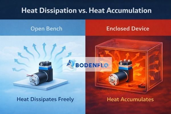 A diagram comparing a pump on an open lab bench (with heat dissipating) vs. a pump in a sealed box (with heat trapped)