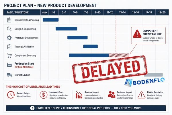 An image showing a project timeline with a red 'DELAYED' stamp on it due to supply chain issues