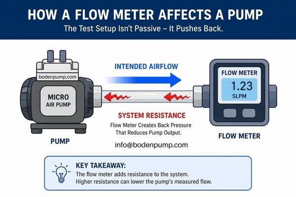 A simple diagram illustrating a pump connected to a flow meter, with arrows showing potential resistance