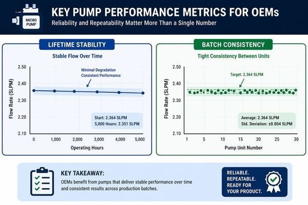 Graphs showing stable flow over time and tight consistency between multiple pump units