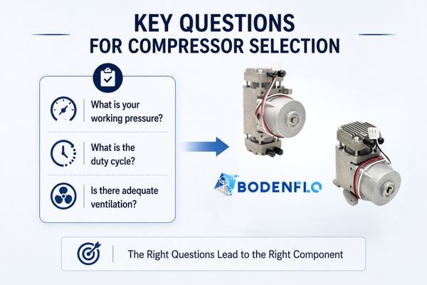 A checklist icon next to a BODENFLO compressor.