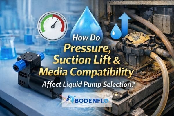 Cover image showing a micro liquid pump, pressure gauge, suction lift icon, and harsh fluid environment to illustrate key factors in liquid pump selection.