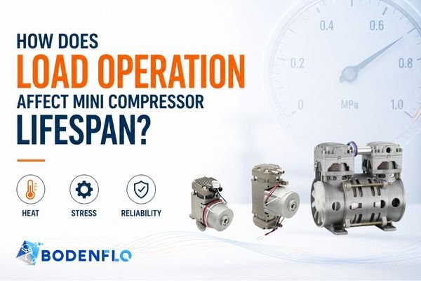 Cover image showing how load operation affects mini compressor lifespan, with pressure gauge background and icons for heat, stress, and reliability.