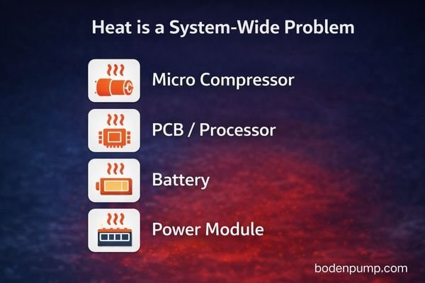 An infographic showing a cutaway of a device with arrows pointing to multiple heat sources: Pump, PCB, Battery, Driver Chip