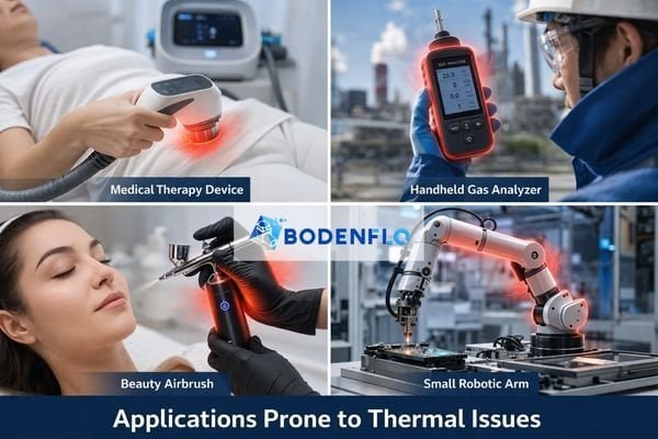 A collage of application images: a medical therapy device, a handheld gas analyzer, a beauty airbrush, and a small robotic arm.