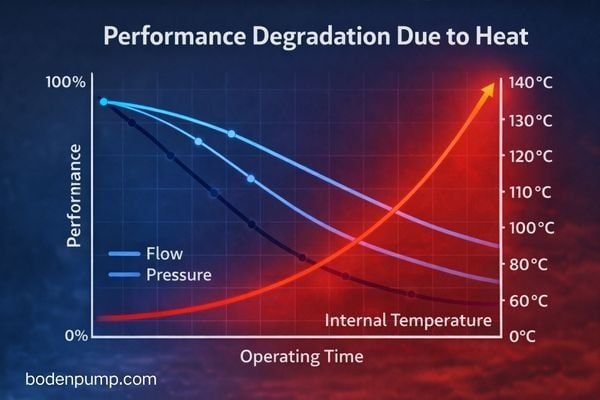 A graph showing performance curves for Flow and Pressure dropping as Temperature increases over time
