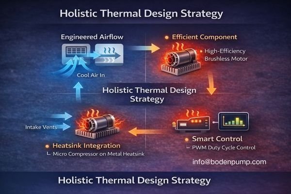 A diagram showing a system with arrows indicating a smart thermal design: efficient pump, PWM control, airflow vents, and a heatsink.