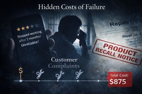 A collage of hidden costs: an angry customer, a repair invoice, and a negative review