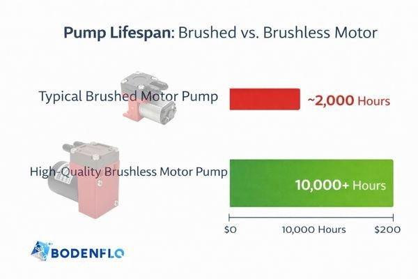A comparison graph showing the lifespan of a brushed vs. a brushless pump