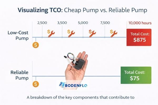 A timeline comparing the high replacement costs of a cheap pump versus the single purchase of a reliable pump