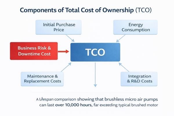 A flowchart illustrating the factors that make up the Total Cost of Ownership (TCO) for a micro pump