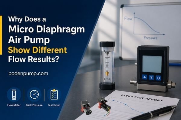 Cover image showing a rotameter, digital flow meter, pump test report, and micro diaphragm air pump components illustrating different flow test results.