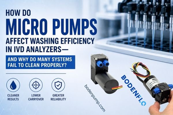 Cover image showing IVD analyzer washing nozzles with text about how micro pumps affect washing efficiency, carryover reduction, and system reliability.