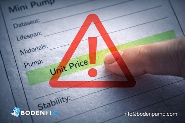 A warning sign icon over a pump datasheet