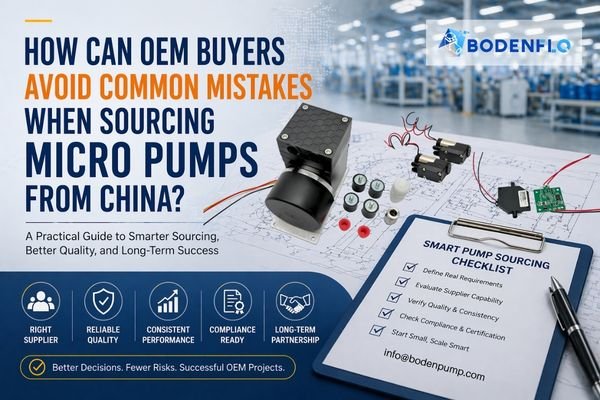 Cover image for an OEM micro pump sourcing guide showing industrial background, engineering drawings, and a smart pump sourcing checklist for buyers sourcing from China.