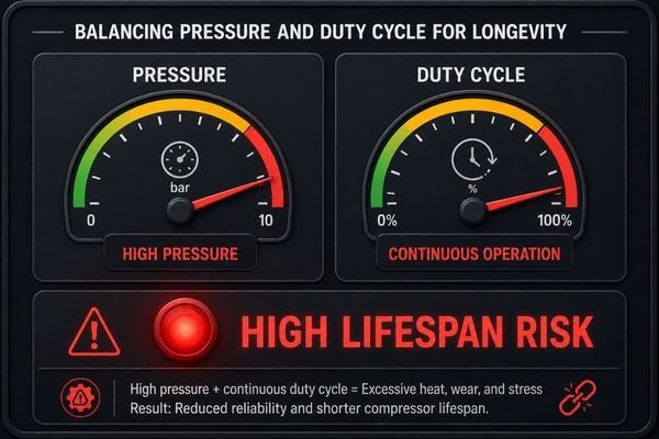 An engineering diagram showing a compressor with proper ventilation, a pressure relief valve, and a brushless motor.
