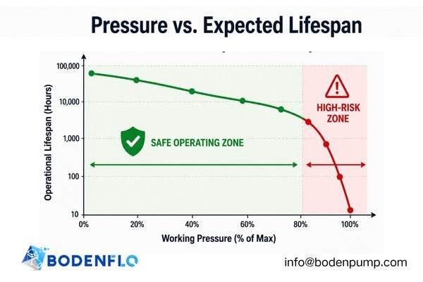 A graph showing lifespan vs. pressure, with a gentle slope at low pressures and a steep drop-off near max pressure.
