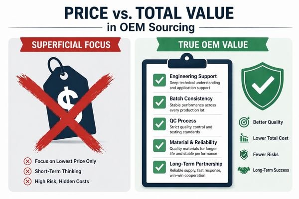 A simple infographic contrasting a price tag with a checklist showing quality, engineering, and consistency