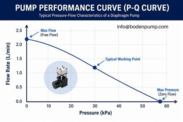 A typical P-Q (Pressure-Flow) curve for a diaphragm pump, showing high flow at zero pressure and zero flow at max pressure