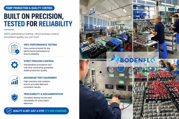 An image showing a production line with pumps being tested at multiple stations with clear QC documentation