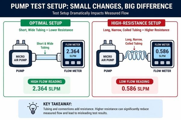 A photo showing two test setups: one with short, wide tubing and one with long, coiled, narrow tubing