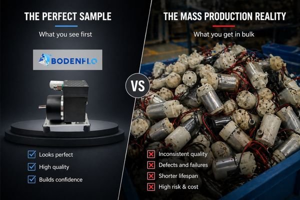An image showing a perfect single pump sample on one side and a pile of inconsistent, problematic pumps on the other side