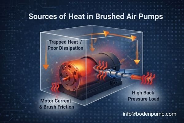 A diagram showing the three sources of heat in a compact device: motor, load, and enclosure